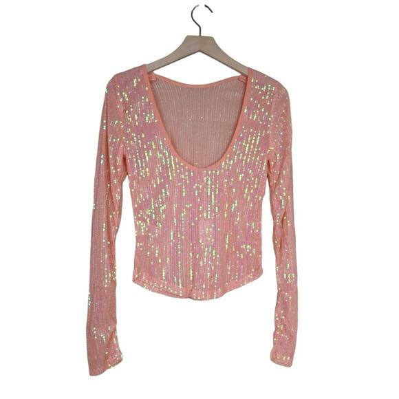 Free People Womens S Unapologetic Sequin Long Sleeve Top in Peach NEW - Picture 4 of 13